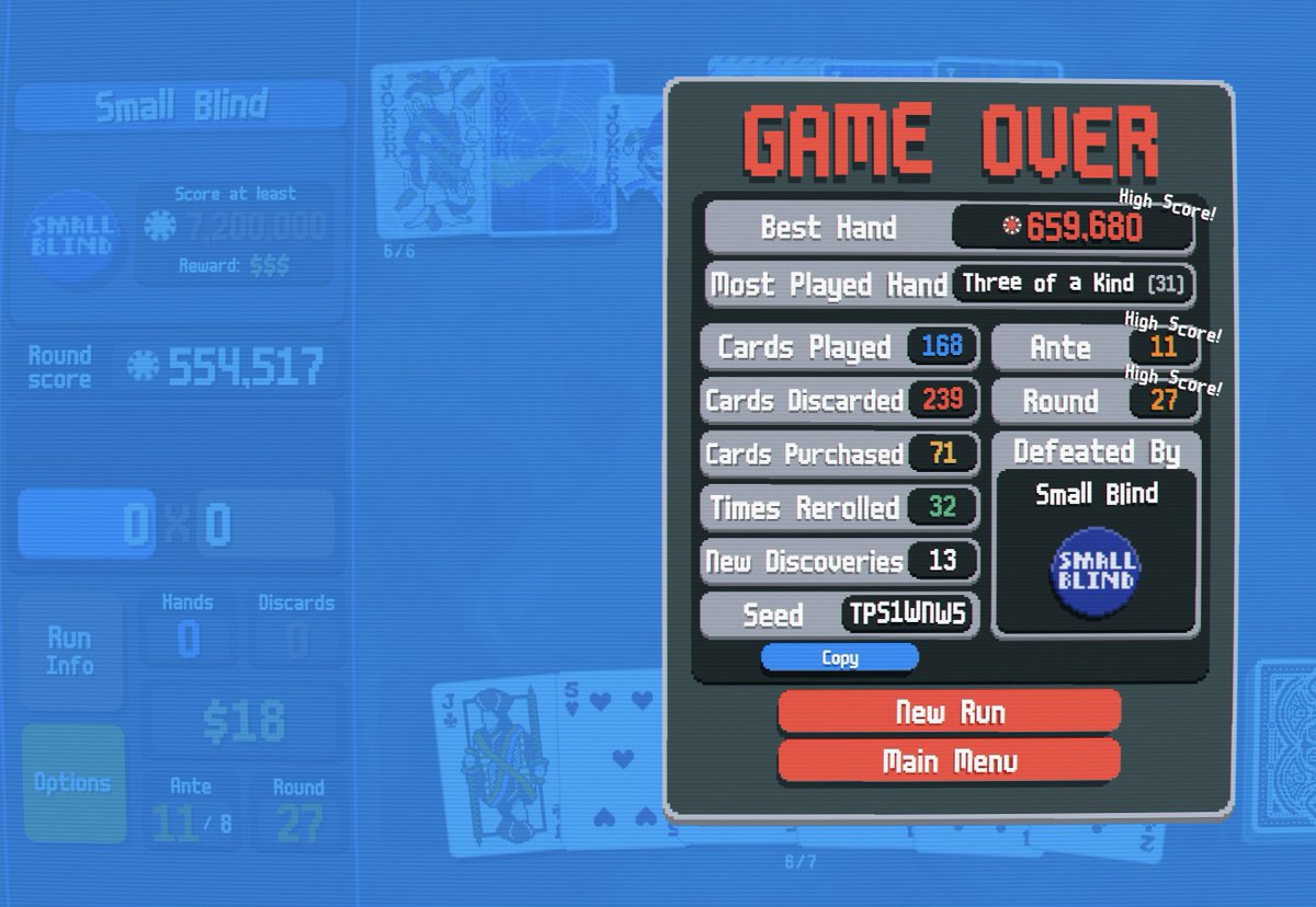 got Balatro yesterday. feel like the last 14 hours are a blur. finally beat a run (black deck!), got to 11 ante, and I feel like I can finally rest now :')