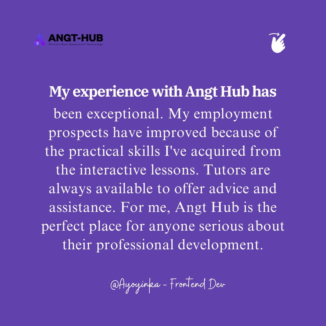 AngtHub's tweet photo. At ANGT, we excel in what we do. We offer more than just an online learning platform; we provide a community to support you from start to finish. 

#careergrowth #techskills #angt_hub #techhub #onlinelearning #besttechhub #ajah #lekki #transistiontotech https://t.co/PFMN5Ye28x