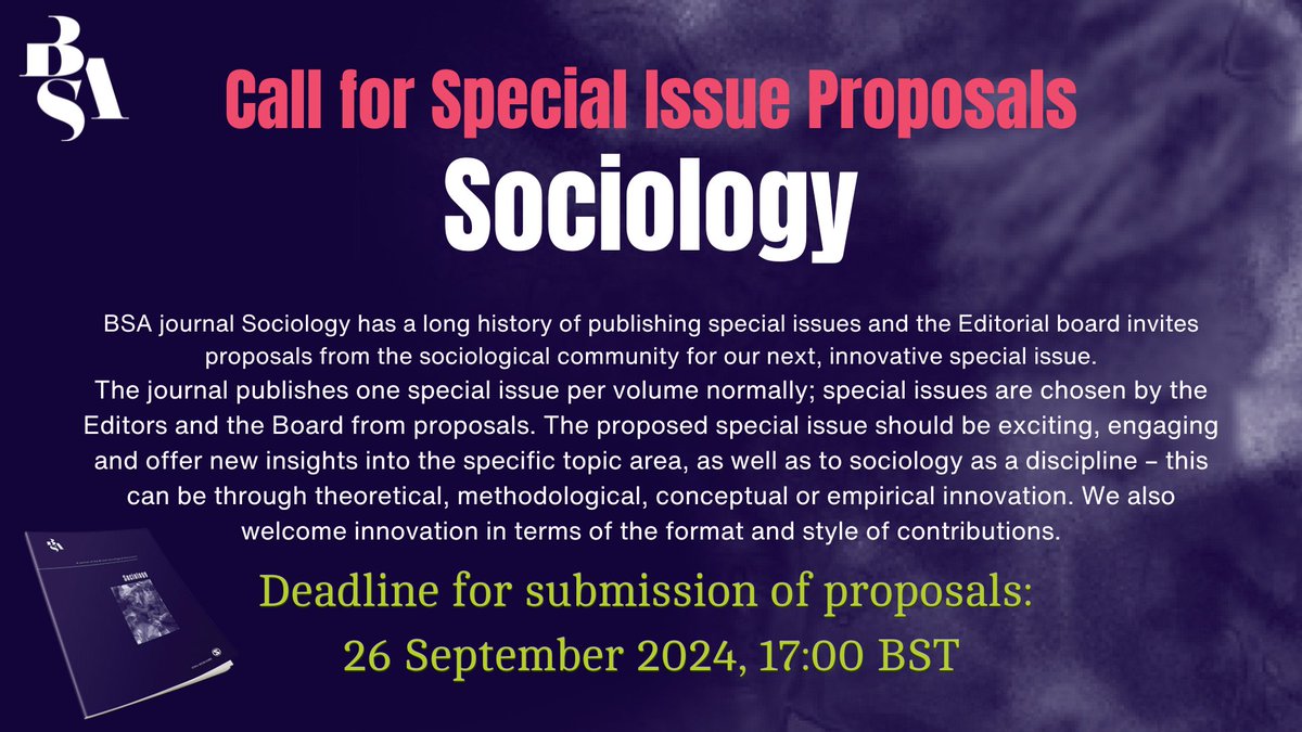 Submit your proposal for the next Sociology special issue!   

Find the details below on the BSA Publications Opportunities page. Deadline 26 September 2024, 17:00 BST.
britsoc.co.uk/opportunities/…