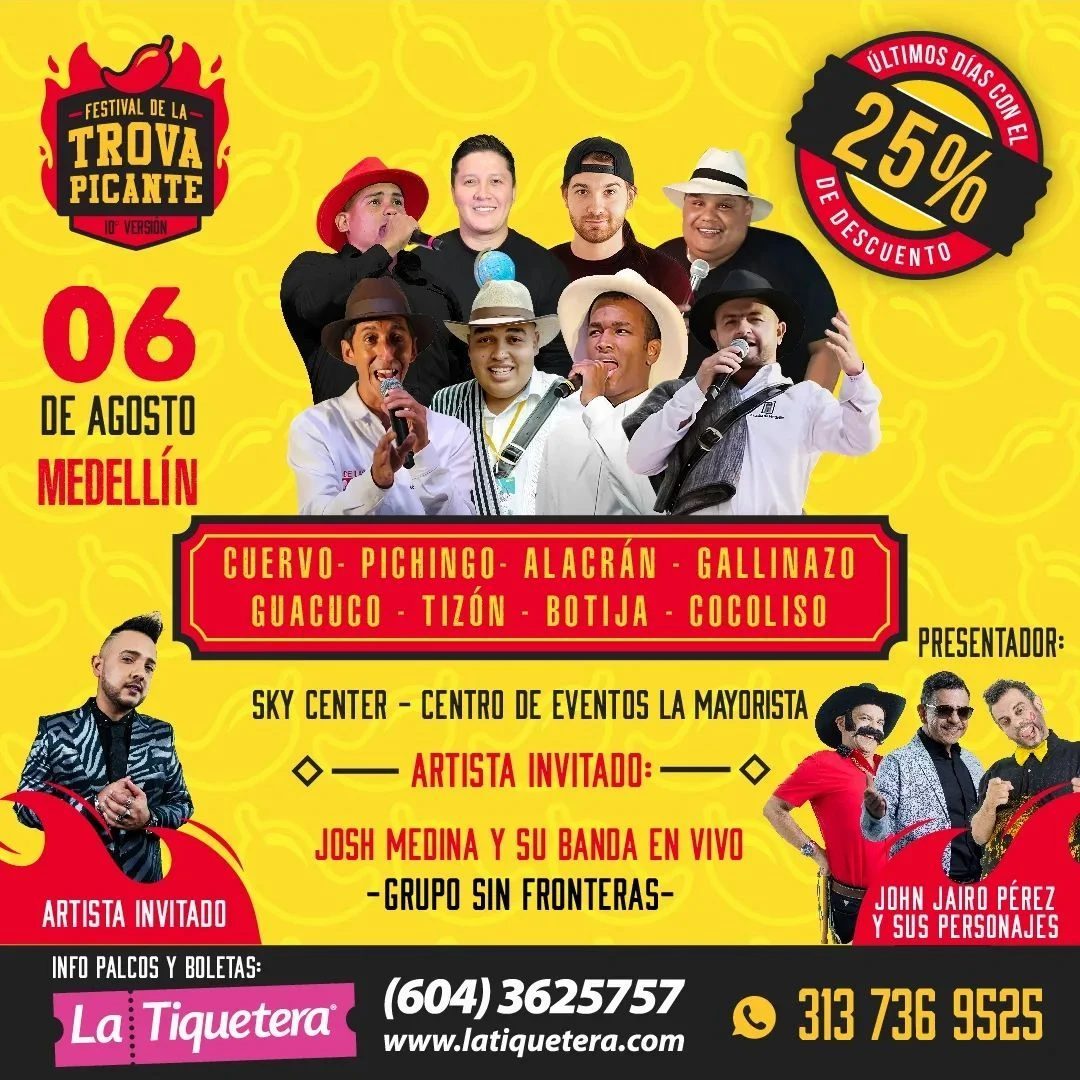 LaTiquetera's tweet photo. 🌶️ 25% DE DESCUENTO PARA EL FESTIVAL DIFERENTE DE LA FERIA DE LAS FLORES 💐🌶️

🎟️ Entradas en https://t.co/LZXjkEUiVZ

@guacucotrovador @leocuervo1 @donebrio @cacheton2803 @ivanvillada @cocolisotrovador @trovadorgallinazo https://t.co/FriLlJcJLb