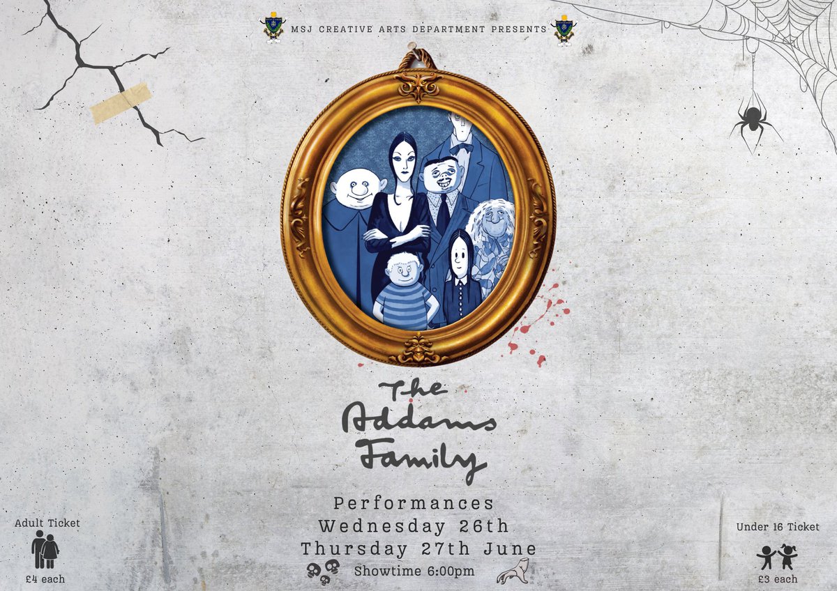 Tickets are now on sale for the creative arts department's rendition of 'The Addams Family' from all good Drama and Music teachers. (Mrs Forsythe &amp; Mr Sanders)
Under 16's - £3 
over 16's &amp; Adults - £4
26 &amp; 27th June
#MSJCommunity #Drama #CreativeArts #Production #TheAddamsFamily