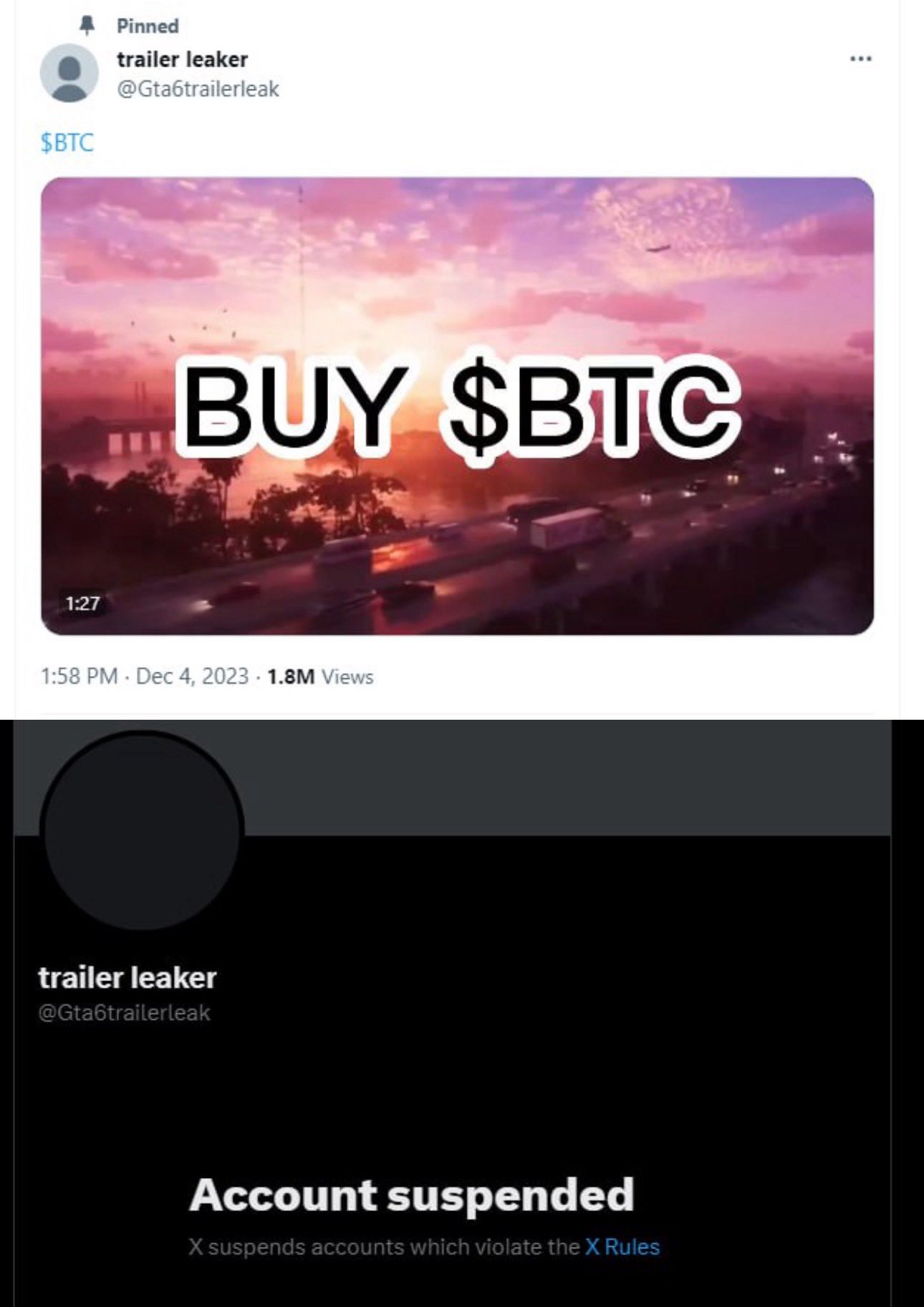 Skenkir leaked GTA 6 trailer with the watermark Buy $BTC