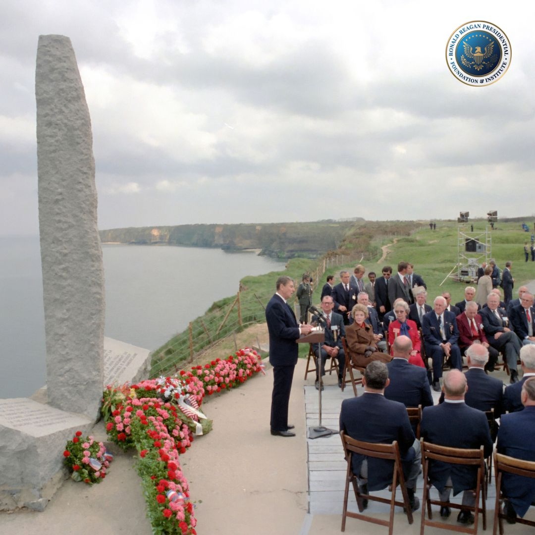 RonaldReagan's tweet image. On the 80th anniversary of D-Day, we solemnly commemorate the valor and sacrifice of the champions of Pointe du Hoc, whose indomitable spirit played a pivotal role in the liberation of a continent and the conclusion of a war. #Dday #RonaldReagan #Neverforget #Heroes