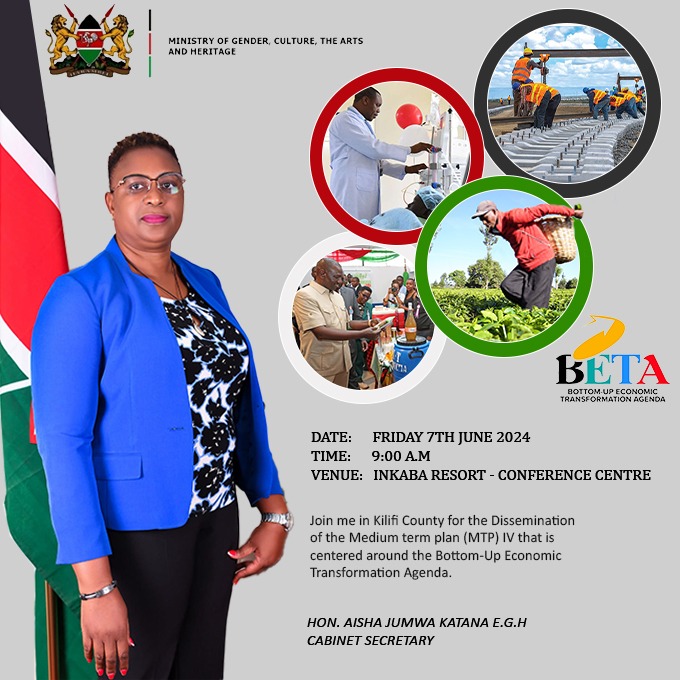 CSAishaJumwa's tweet photo. See you in #Kilifi County for the Medium Term Plan (MTP) dissemination. Together with PS @PSCharlesHinga we will go through  what the government has delivered to it's people and what Kenyans can look forward to. Kesho maajaliwa. @koske_felix
@SectoCabinet_KE  @WilliamsRuto #BETA https://t.co/O5hMwftIeA