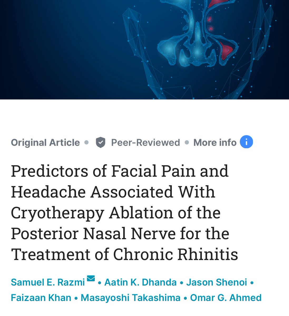 2 more papers helping define PNN ablation from our Houston Methodist Rhinology research team, along with our amazing collaborators at Johns Hopkins, LSU and BCM. <a href="/NicholasRowanMD/">Nicholas Rowan, MD</a> <a href="/MehaFoxMD/">Meha Fox MD</a> <a href="/hopkins_ent/">Johns Hopkins OHNS</a> <a href="/BCM_Oto/">BCM Otolaryngology</a> <a href="/sinusspecialist/">Omar G Ahmed MD</a> 

…-hnsfjournals.onlinelibrary.wiley.com/doi/10.1002/ot…

cureus.com/articles/25899…