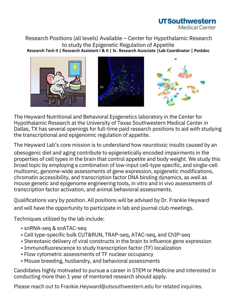 Frankie D Heyward, Ph.D. (@frankiedheyward) on Twitter photo 📢 I'm hiring postdocs/Sr. Research Associates for my Nutritional & Behavioral Epigenetics Lab at <a href="/UTSWMedCenter/">UT Southwestern Medical Center</a>!!❤️🔥
If you're passionate about the neuroepigenetic regulation of appetite during obesity and aging I'd love to potentially work with you 🫵🏾
Please RT/share 🙏🏾 📢 I'm hiring postdocs/Sr. Research Associates for my Nutritional & Behavioral Epigenetics Lab at <a href="/UTSWMedCenter/">UT Southwestern Medical Center</a>!!❤️🔥
If you're passionate about the neuroepigenetic regulation of appetite during obesity and aging I'd love to potentially work with you 🫵🏾
Please RT/share 🙏🏾