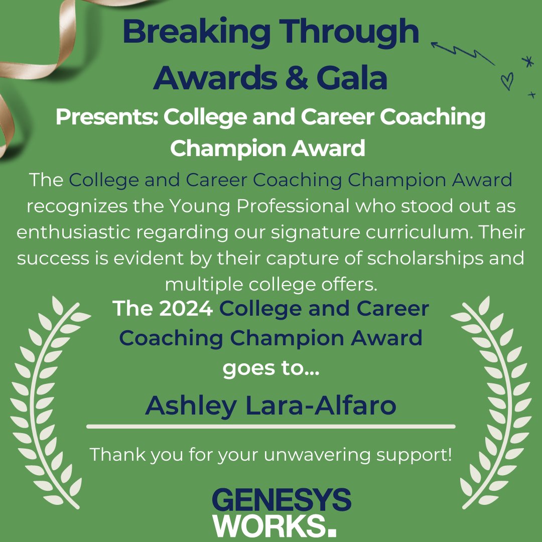 Congratulations to Ashley Lara from ATCS, PLC on being our 2024 College and Career Coaching Champion Award winner at our Breaking Through Awards &amp; Gala. To support career access for our Young Professionals: fundraise.givesmart.com/f/4miv/n?vid=1…