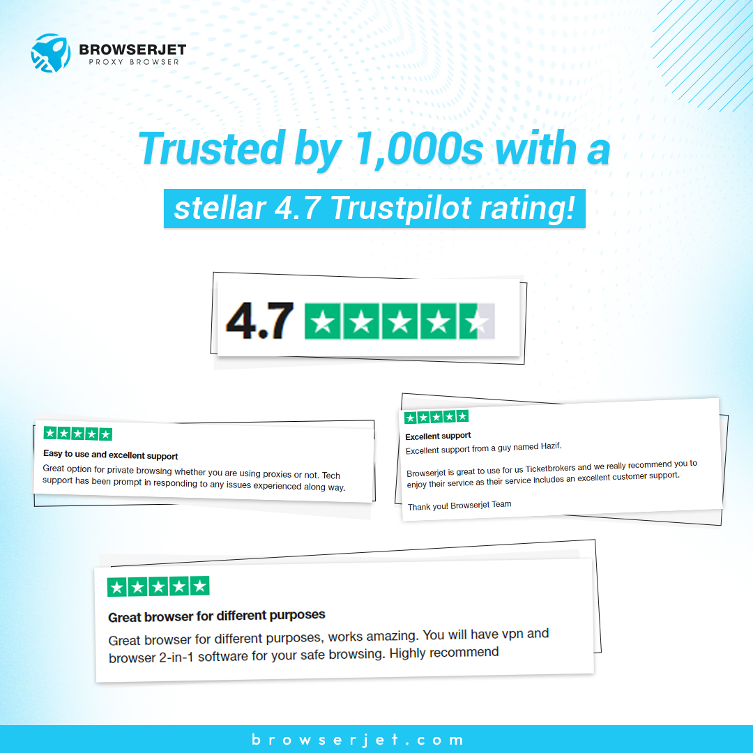 BrowserJet's tweet image. BrowserJet is trusted by professionals worldwide💯
With a 4.7 rating on Trustpilot, our proxy browser delivers seamless browsing with multiple accounts, robust security features, and top-notch support.
DOWNLOAD NOW!
browsejet.com #BrowserJet #proxybrowser #VPN #tickets