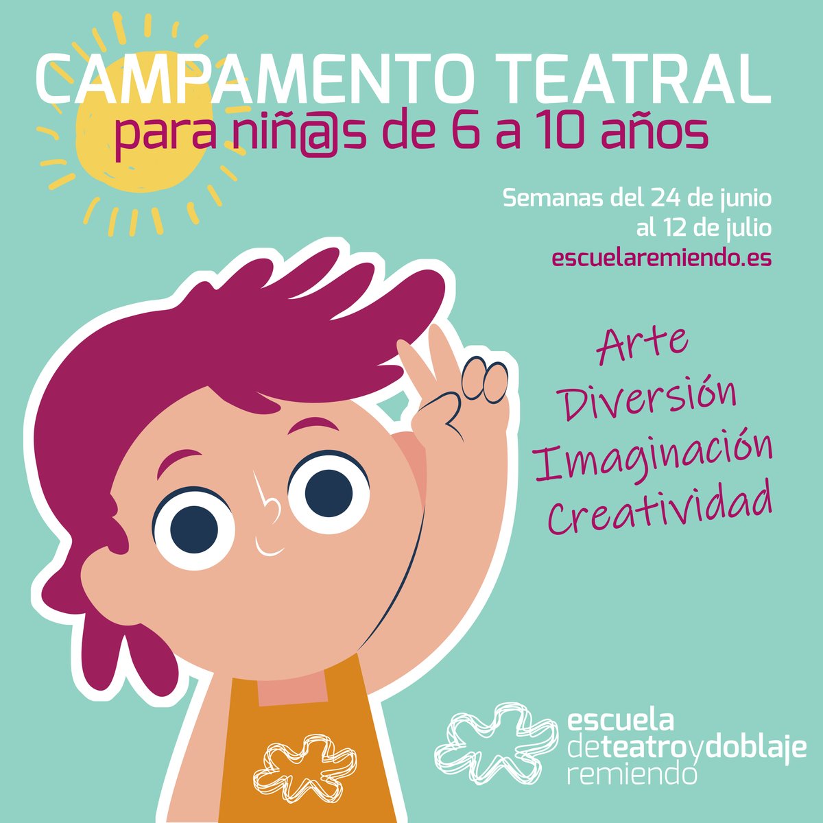 Campamento creativo y teatral para niños y niñas de 6 a 10 años.

Semanas del 24 de junio al 12 de julio (posibilidad de elegir una o varias).

Más información en: 
escueladeteatroengranada.es/cursos-de-vera…