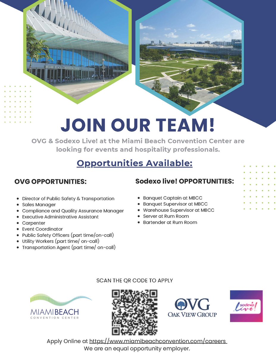 Join our team at the Miami Beach Convention Center!  

Explore our current opportunities here: bit.ly/43GIbu2

#NowHiring #MBCC #Careers #MiamiBeach #Events  #MBCC #MiamiBeachConventionCenter