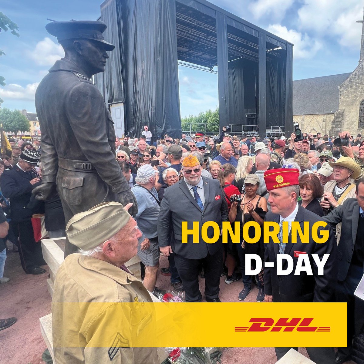 DHLUS's tweet photo. We’re proud to support @AmericanLegion by delivering Gen. Dwight Eisenhower's statue to Normandy for the 80th anniversary of #DDay. This symbol honors those who served and celebrates the enduring bond between the U.S. and France. #DHLDelivers #Normandy80 https://t.co/FkZ8bWlD5B