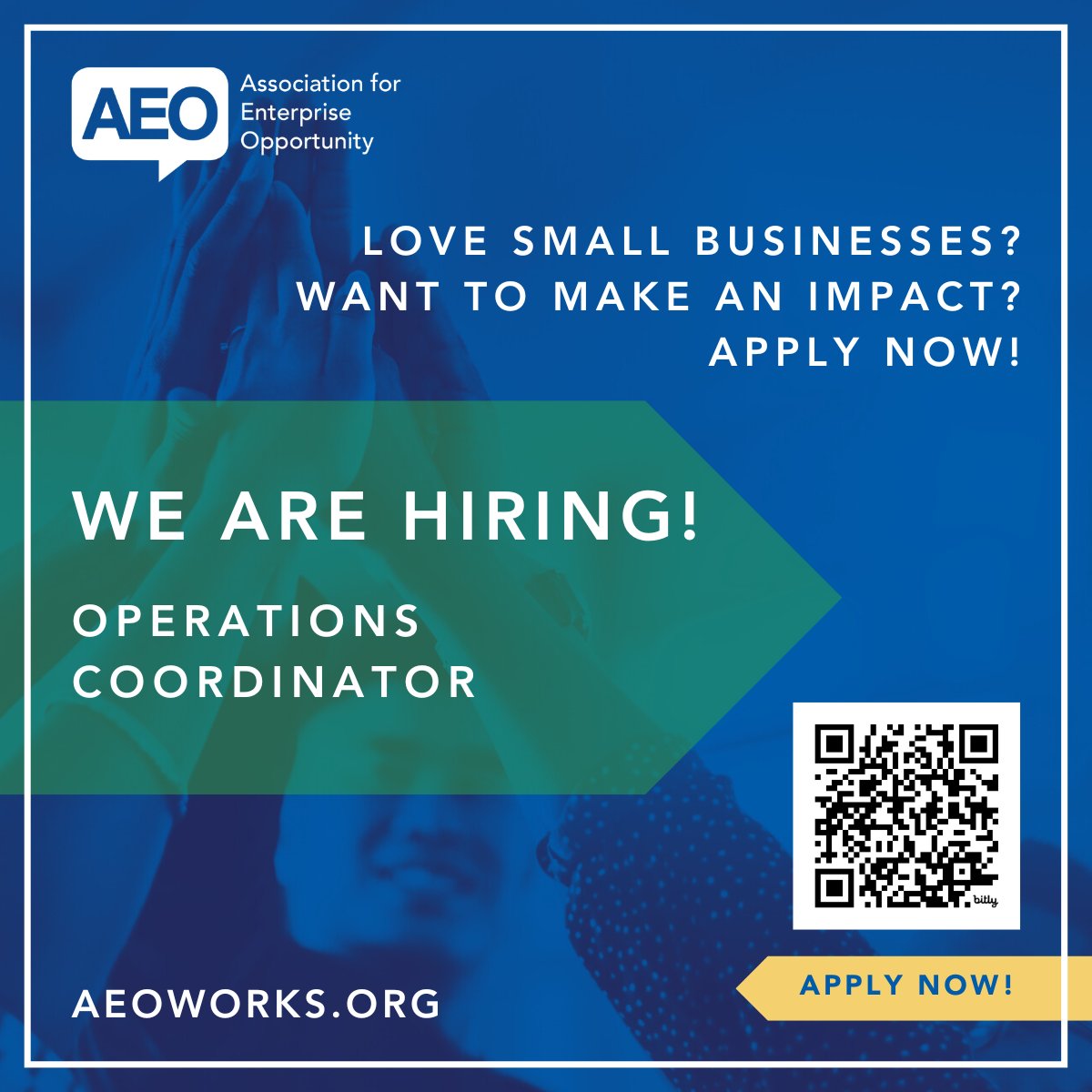 The Association for Enterprise Opportunity (AEO) is hiring a talented, organized, logistics person who can join our team as an Operations Coordinator. Learn more and apply here: aeoworks.org/careers/ #Operations #NowHiring #Careers