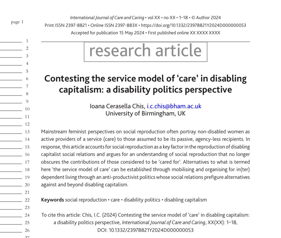 DisPrecWork's tweet image. #OpenAccess article coming out soon in the International Journal of Care and Caring:

‘Contesting the service model of “care” in disabling capitalism: a disability politics perspective’

#SocialReproduction #DisabledTwitter #DisabilityGigEconomy #DisabilityPolitics