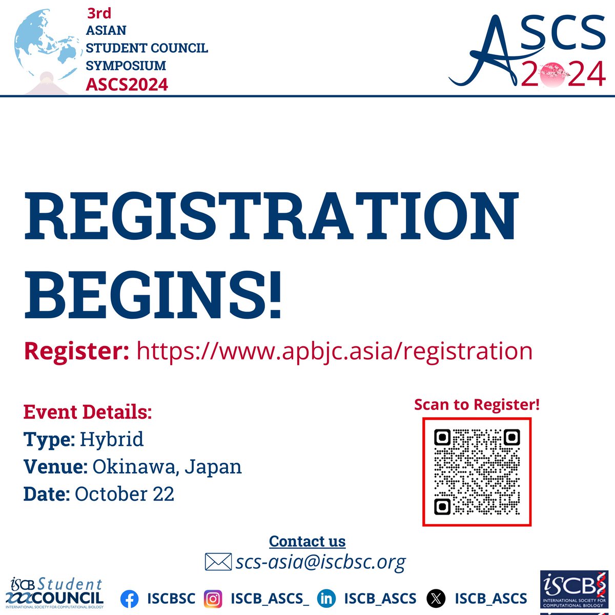 ASCS2024 (@iscb_ascs) on Twitter photo 🎉 Exciting News! Registration is NOW OPEN for #ASCS2024! 🎉
Join us in Okinawa, Japan, this October 22 to network with fellow researchers, present your work, and be inspired by leading experts in the field!🚀🔬
Registration details: apbjc.asia/registration.h…
#APBJC2024 <a href="/iscbsc/">ISCB Student Council</a> 🎉 Exciting News! Registration is NOW OPEN for #ASCS2024! 🎉
Join us in Okinawa, Japan, this October 22 to network with fellow researchers, present your work, and be inspired by leading experts in the field!🚀🔬
Registration details: apbjc.asia/registration.h…
#APBJC2024 <a href="/iscbsc/">ISCB Student Council</a>