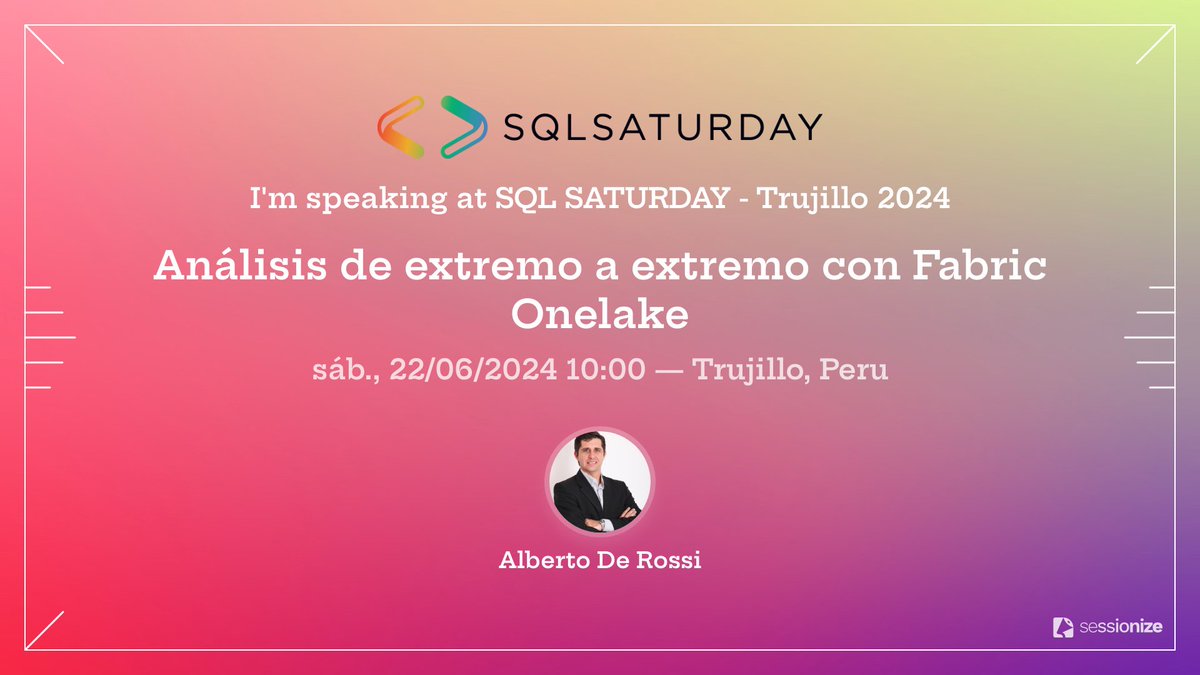 albertoderossi's tweet image. Este 22 de junio nos vamos a la "Ciudad de la Eterna Primavera"!
SQL Saturday Trujillo 2024.
📅 agenda y speakers: bit.ly/3yZxkRN
✍ Registro gratuito: bit.ly/3VvgHGA