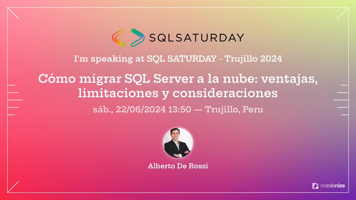 albertoderossi's tweet image. Este 22 de junio nos vamos a la "Ciudad de la Eterna Primavera"!
SQL Saturday Trujillo 2024.
📅 agenda y speakers: bit.ly/3yZxkRN
✍ Registro gratuito: bit.ly/3VvgHGA