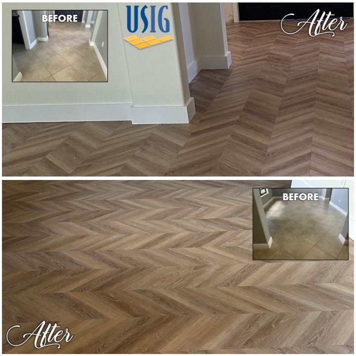 Here is an example of one of the 300+ jobs we performed for our customers yesterday, this one from Broward, FL. Our crew created a show-stopping look with LVP in a gorgeous herringbone pattern for our customer.  This durable flooring adds a touch of modern elegance to any space.