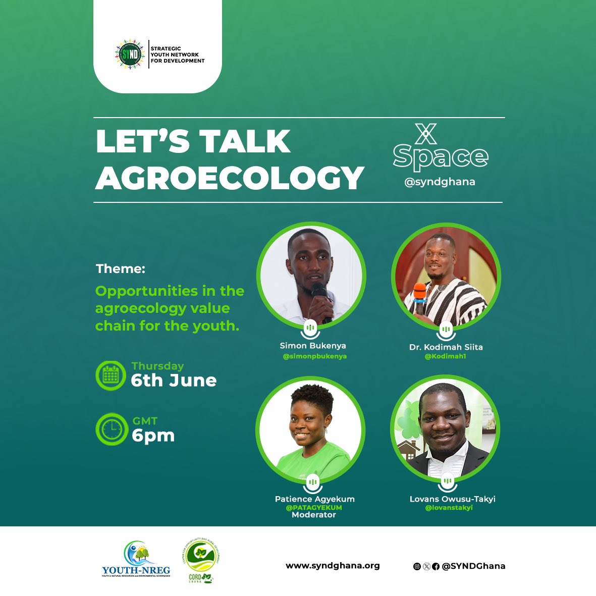 Join us for part 3 of "Let's Talk Agroecology" on X Space! Discover opportunities in the agroecology value chain for youth with <a href="/simonbukenya10/">SIMON PETER BUKENYA</a>, Dr. <a href="/Kodimah1/">Dr. Kodimah Jnr</a>, <a href="/lovanstakyi/">LOVANS OWUSU-TAKYI</a>, and moderator <a href="/PATAGYEKUM/">AGYEKUM PATIENCE</a>.

Set A Reminder!

x.com/i/spaces/1nAJE…

#LetsTalkAgroecology