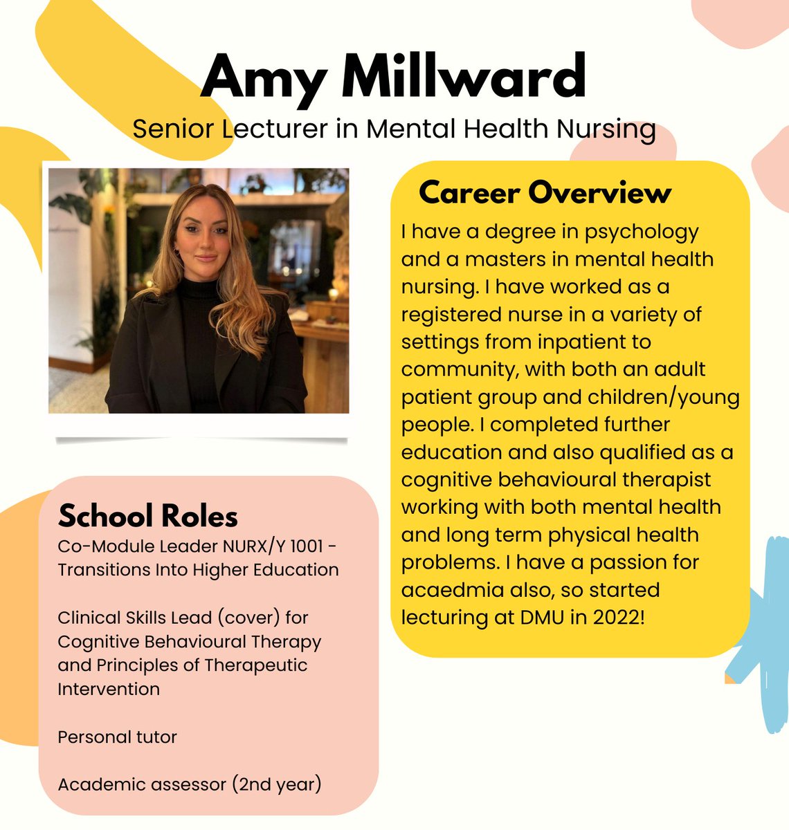 DMU Learning Disability & Mental Health Nursing (@dmu_ldmhnursing) on Twitter photo Meet Amy! One of our Senior Lecturers in Mental Health Nursing. Amy has clinical experience in both mental health nursing and psychological therapies and loves being part of the School of Nursing and Midwifery here at DMU! <a href="/DMU_Nur_Mid/">DMU School of Nursing and Midwifery</a> Meet Amy! One of our Senior Lecturers in Mental Health Nursing. Amy has clinical experience in both mental health nursing and psychological therapies and loves being part of the School of Nursing and Midwifery here at DMU! <a href="/DMU_Nur_Mid/">DMU School of Nursing and Midwifery</a>