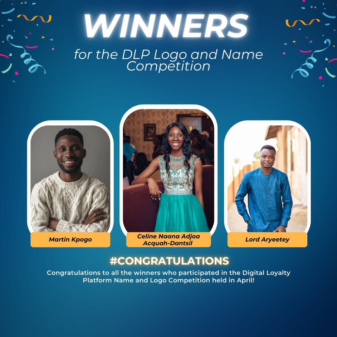 WFP_Ghana's tweet photo. Drumroll 🥁!

We are excited to reveal the 3 incredible winners of our Name &amp; Logo competition for the Digital Loyalty Platform!

Congratulations to @themartinkpogo, Celine 
 &amp; @meek_lord 🥳

Thanks to everyone who participated. Stay tuned for more updates on our launch. https://t.co/zmGWkwK3DZ