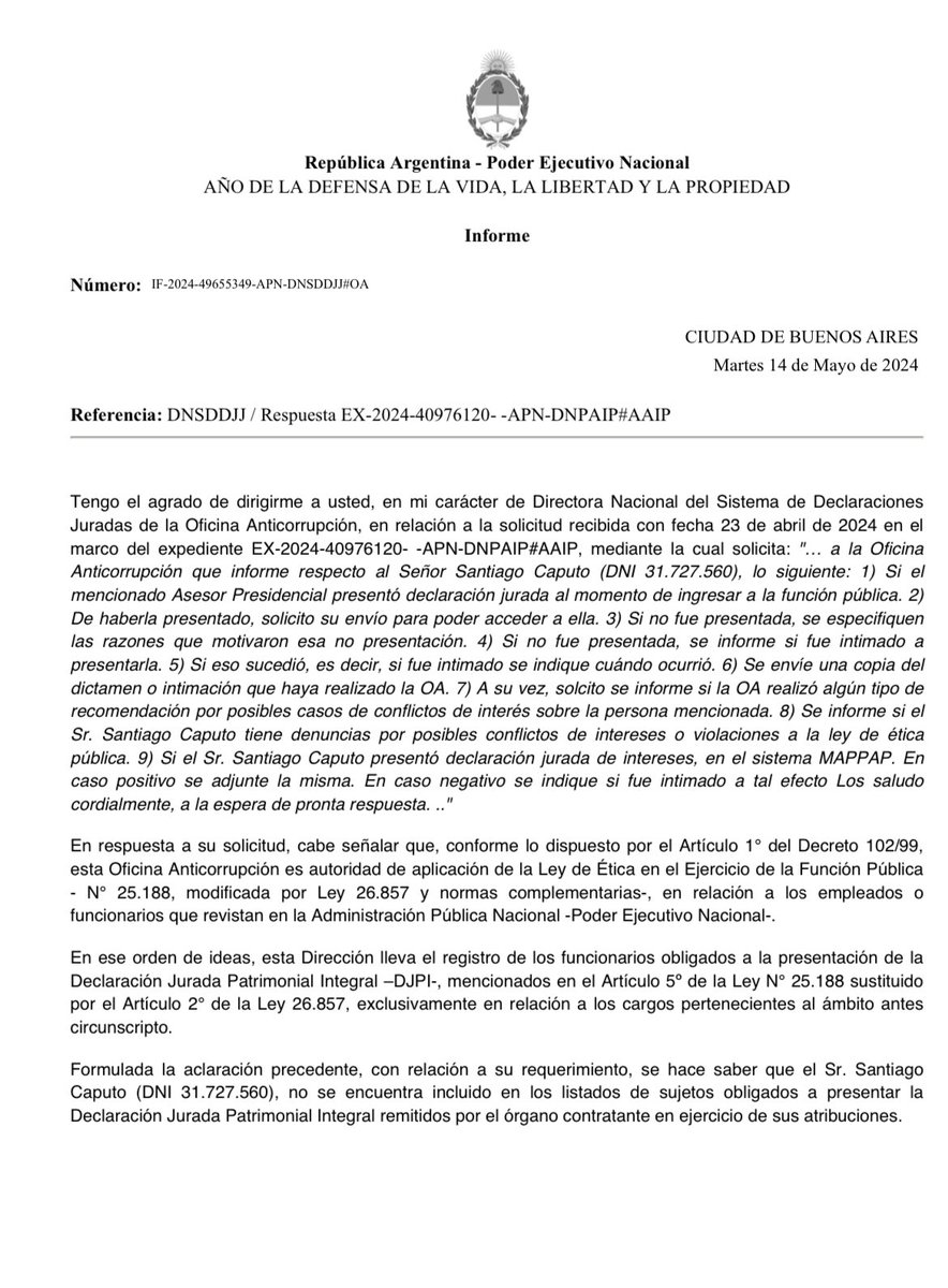 arilijalad's tweet photo. La Oficina Anticorrupción dice que Santiago Caputo, asesor principal de Milei, no tiene que presentar su Declaración Jurada

El hombre que define los negocios del país desde la Casa Rosada no informa sus intereses económicos https://t.co/UkEqPe0gnJ