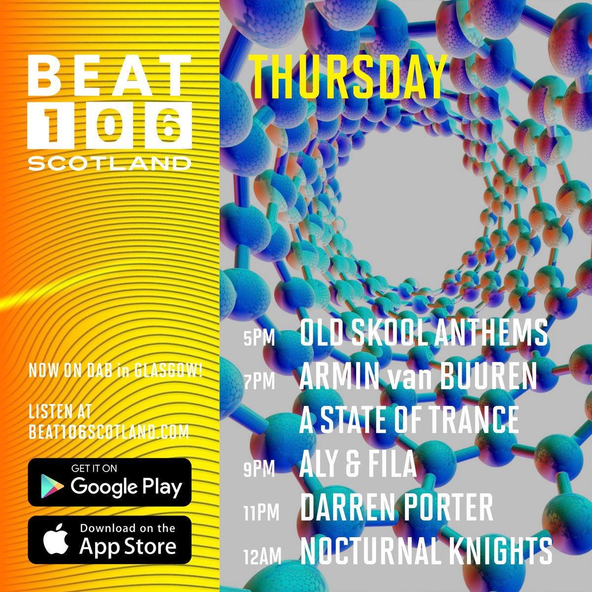 Beat 106 Scotland www.beat106scotland.com (@beat106scotland) on Twitter photo Thursday night which means #TranceHeaven for you on
<a href="/beat106scotland/">Beat 106 Scotland www.beat106scotland.com</a>.
5pm - #OldSkoolAnthems
7pm - <a href="/arminvanbuuren/">Armin van Buuren</a> <a href="/rubenderonde/">Ruben de Ronde</a> with A State Of Trance.
9pm - <a href="/alyandfila/">Aly & Fila</a>
11pm - <a href="/Darren_Porter/">Darren Porter</a> with the <a href="/RIIRMusic/">Reason II Rise Music</a> show.
12am - <a href="/NKMus_Official/">Nocturnal Knights Music</a> with @nu__spirit Thursday night which means #TranceHeaven for you on
<a href="/beat106scotland/">Beat 106 Scotland www.beat106scotland.com</a>.
5pm - #OldSkoolAnthems
7pm - <a href="/arminvanbuuren/">Armin van Buuren</a> <a href="/rubenderonde/">Ruben de Ronde</a> with A State Of Trance.
9pm - <a href="/alyandfila/">Aly & Fila</a>
11pm - <a href="/Darren_Porter/">Darren Porter</a> with the <a href="/RIIRMusic/">Reason II Rise Music</a> show.
12am - <a href="/NKMus_Official/">Nocturnal Knights Music</a> with @nu__spirit