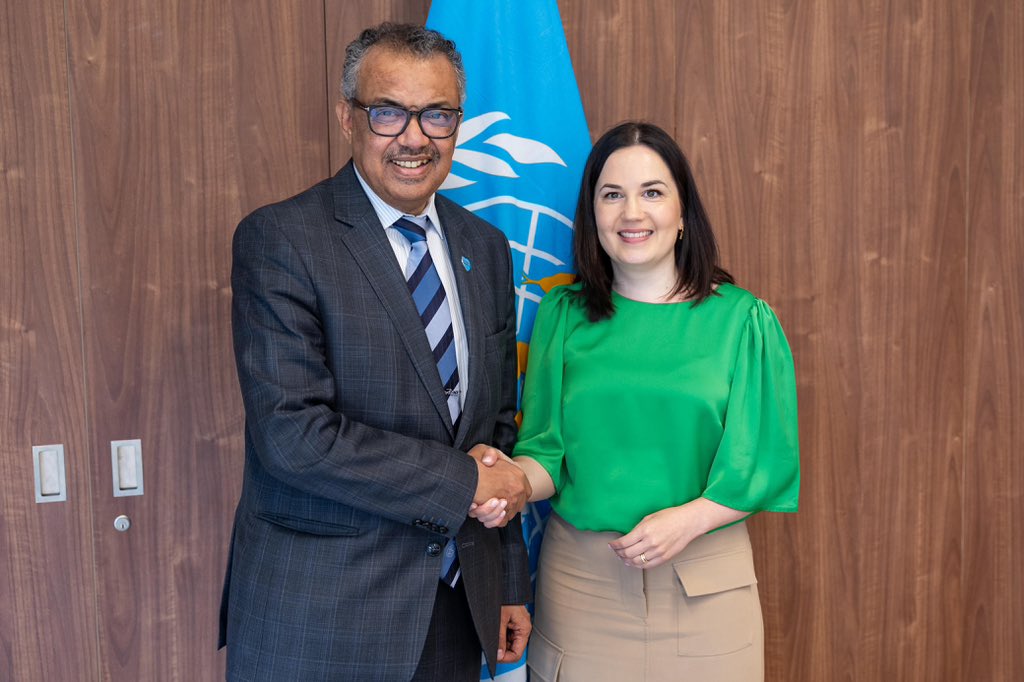 DrTedros's tweet photo. Met with Minister @sannigrahn to discuss #Finland's support and leadership on the economics of #HealthForAll, the ongoing negotiations on the #PandemicAccord, the International Health Regulations Amendments, and the @WHO's transformation and work on gender equality. #WHA77 https://t.co/HPduz66zju