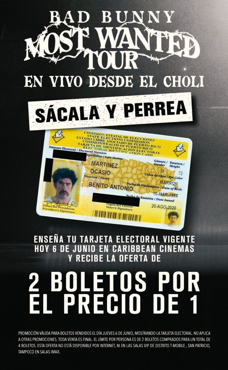 Adriana De Jesús Salamán (@adrianadesala) on Twitter photo SOLO HOY | Si llevas tu tarjeta electoral a Caribbean Cinemas, puedes comprar dos boletos por el precio de uno para ver la proyección del concierto de <a href="/sanbenito/">Benito Antonio</a>
La oferta no está disponible por internet, ni en las salas VIP de Distrito T-Mobile, San Patricio, ni IMAX. SOLO HOY | Si llevas tu tarjeta electoral a Caribbean Cinemas, puedes comprar dos boletos por el precio de uno para ver la proyección del concierto de <a href="/sanbenito/">Benito Antonio</a>
La oferta no está disponible por internet, ni en las salas VIP de Distrito T-Mobile, San Patricio, ni IMAX.