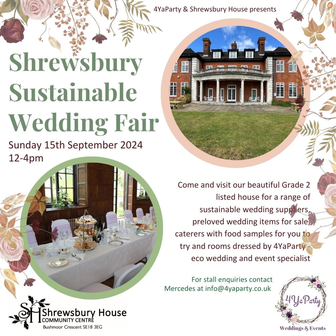 Shrewsbury House (@shrewsburyhse) on Twitter photo We’re taking bookings for suppliers for our Wedding Fair on Sunday 15th September💕
Supplier stalls £40
Preloved stalls £25
Contact Mercedes info@4yaparty.co.uk to book <a href="/4YaParty/">4YaParty Weddings & Events</a>
#weddingfair
#weddingfairlondon
#weddingfairkent
#wedding #weddinglondon
#heritagewedding We’re taking bookings for suppliers for our Wedding Fair on Sunday 15th September💕
Supplier stalls £40
Preloved stalls £25
Contact Mercedes info@4yaparty.co.uk to book <a href="/4YaParty/">4YaParty Weddings & Events</a>
#weddingfair
#weddingfairlondon
#weddingfairkent
#wedding #weddinglondon
#heritagewedding