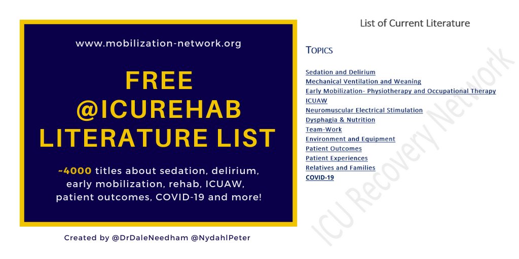 The @icurehab literature list is updated again, including 4,000 titles about early mobilization and rehab, family and patient experiences, dysphagia and nutrition, sedation and delirium, and much more! Thanks to amazing @DrDaleNeedham icurehabnetwork.org/resources/