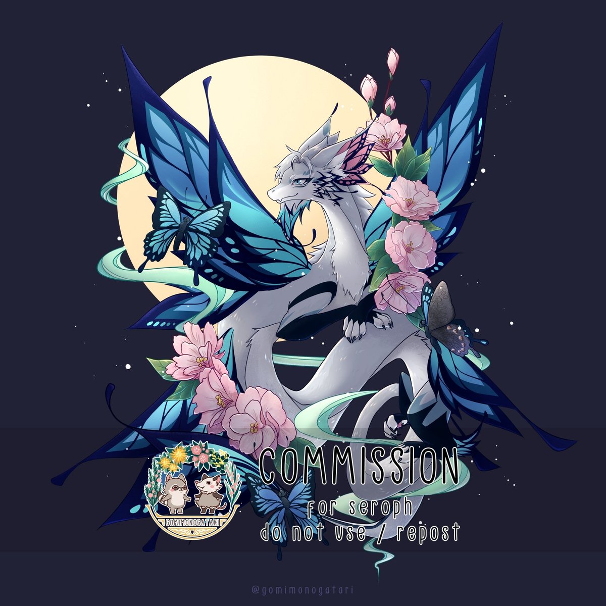 gomimonogatari's tweet photo. Stylized animal / creature commission for Seroph! ✨
Seroph asked to draw Holly, their butterfly pupper OC as an eastern dragon. We really love the design of Holly, so pretty 🥹
We're open for commission! 💖
#gomimonogatari #easterndragon #dragon #furry #butterfly #sakura https://t.co/JDUefkbdub