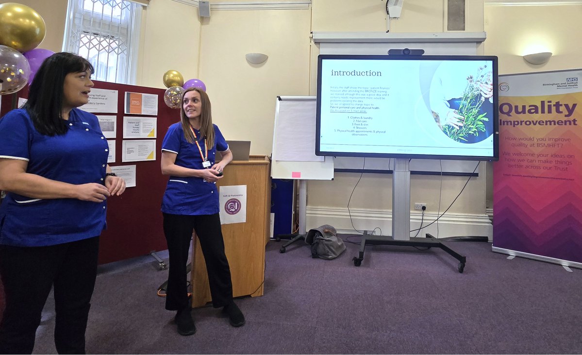 BSMHFT_QI's tweet photo. Debbie Roberts and Amanda Butler representing the Dan Mooney House #QI project on Personal care and physical health at the Steps To Recovery Event. Presenting positive change ideas such as safety huddles, laundry timetable, welcome toiletry pack and more🌟#QITwitter #BringontheQI https://t.co/xbRkAtYAaE