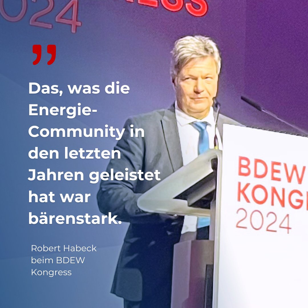 Lobende Worte an die Energiewirtschaft von Wirtschaftsminister Robert Habeck bei BDEW Kongress. "Ich möchte mich bei Ihnen dafür bedanken, was Sie als Energie-Community in den letzten Jahren geleistet haben. Das war bärenstark", so Habeck.
#bdewk24