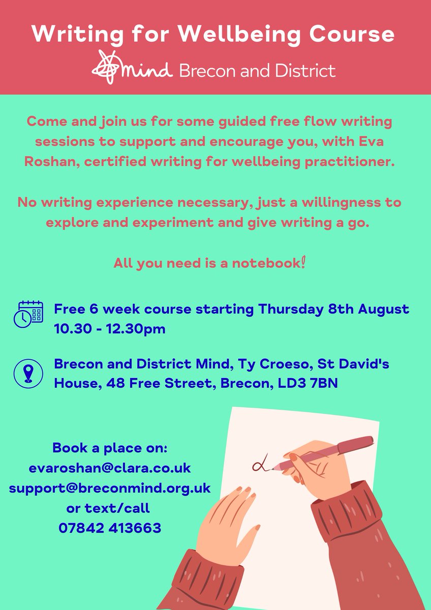 BreconMind's tweet image. Join us on our Writing for Wellbeing Course, guided free flow writing sessions - no experience necessary. See the attached poster for more info!