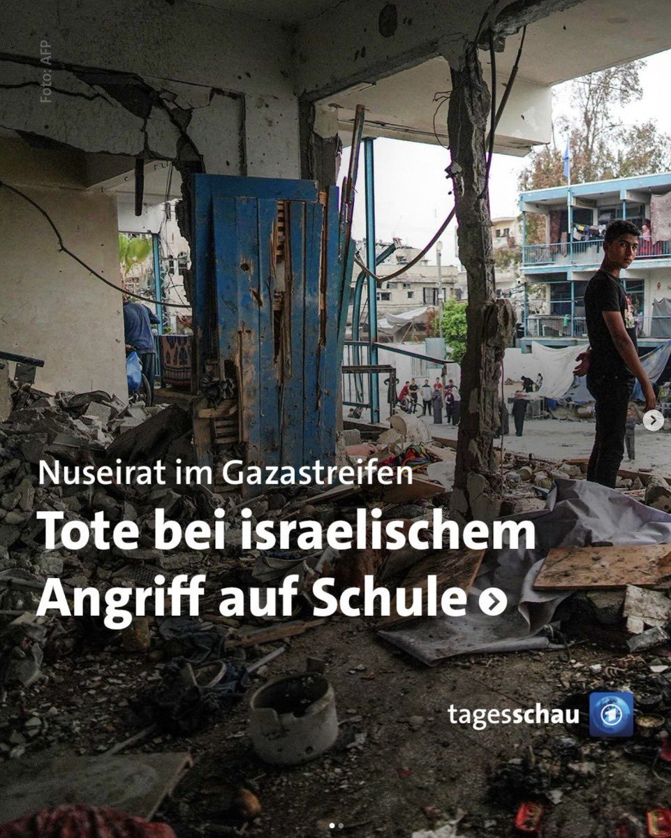 NEIN - liebe <a href="/tagesschau/">tagesschau</a> !!!
NICHT “Tote bei israelischem Angriff auf Schule” SONDERN “Dutzende palästinensische Terroristen, die sich feige in einer UNRWA Schule verschanzt hielten und von dort ihre Terroraktivitäten leiteten, wurden von der #IDF erwischt und eliminiert”.