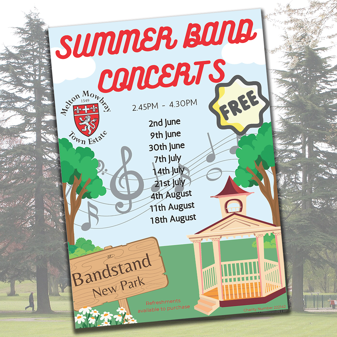 Welcome to New Park for our 2024 Summer programme of Bandstand concerts.  Come and enjoy the bands, and tuck into an ice cream from the Melton Ice Cream Co. at the Kiosk, or a glass of beer, wine or Pimms from the bar run by MB Bars and Events.