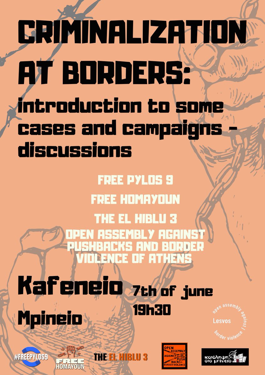 mpineio's tweet photo. Criminalization at borders
Introduction to some cases and campaigns
Kafeneio | Friday 7th of June, 19:30
Ποινικοποίηση στα σύνορα
Μια συζήτηση επάνω σε διάφορες υποθέσεις και καμπάνιες στήριξης
Καφενείο | Παρασκευή 7 Ιουνιού, στις 19:30
#lesvos #mpineio #antireport #freepylos9 https://t.co/LHgqooul8D