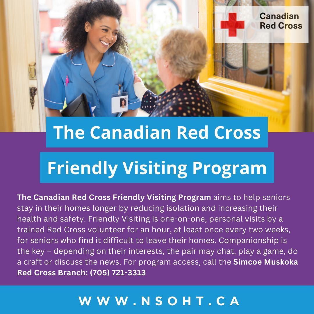 OHTNorthSimcoe's tweet photo. The Canadian Red Cross Friendly Visiting Program supports seniors to stay independent and safe at home. Trained volunteers offer personalized visits, easing loneliness and boosting well-being. Reach out to Simcoe Muskoka Red Cross at (705) 721-3313. #FriendlyVisiting #Support https://t.co/zkxQxn9ez8