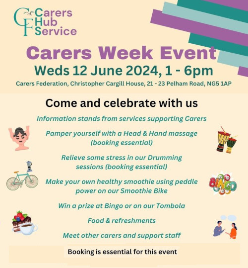 🎊 Celebrate Carers Week at this <a href="/CarersFedNews/">Carers Federation</a> special event on Wed 12 June

There will be lots of activities as well as information stands from support services, food and refreshments.

Booking is essential! Call 0808 802 1777 or e-mail carershubinfo@carersfederation.co.uk