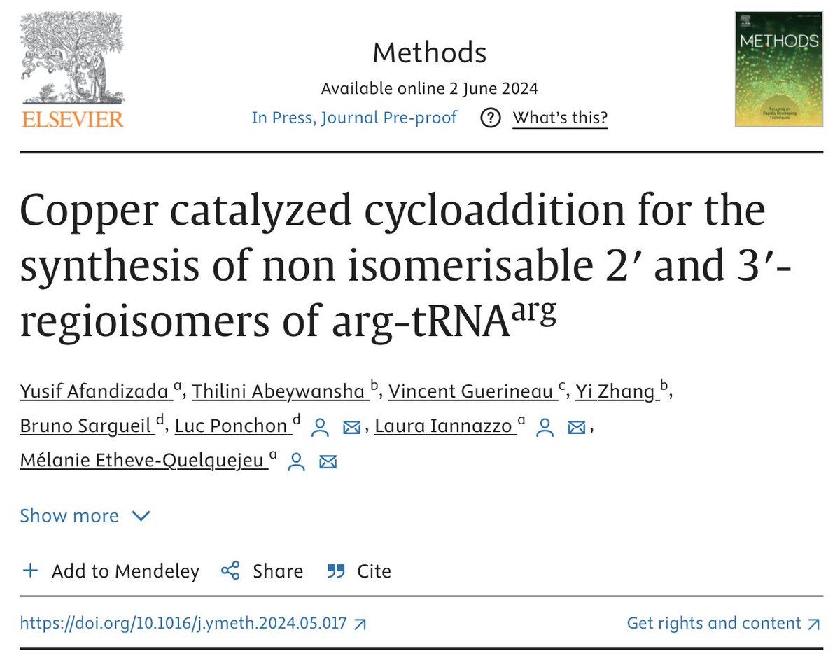PhD work of Yusif about "Copper catalyzed cycloaddition for the synthesis of non isomerisable 2′ and 3′-regioisomers of arg-tRNAarg" is now online!