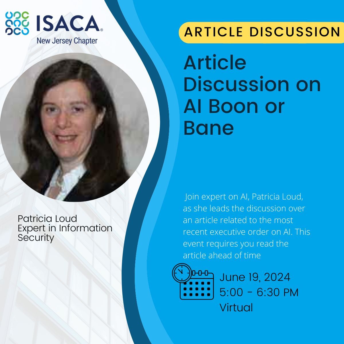Join us for a virtual discussion on the Boon of AI with expert Patricia Loud! You must read the article ahead of time of the discussion. This will take place on June 19, 2024. You will recieve CPE for participating in the discussion. buff.ly/44XIoL8