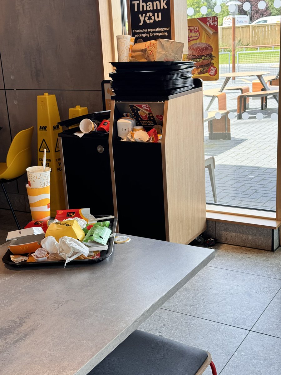 Worst ever <a href="/McDonaldsUK/">McDonald's UK</a> experience at Northallerton today. Dirty, no one wiping tables and bins overflowing. Fries were over cooked and milkshake I was served hadn't been mixed so first mouthful was pure essence...disgusting. I'd recommend avoiding until they sort themselves out.