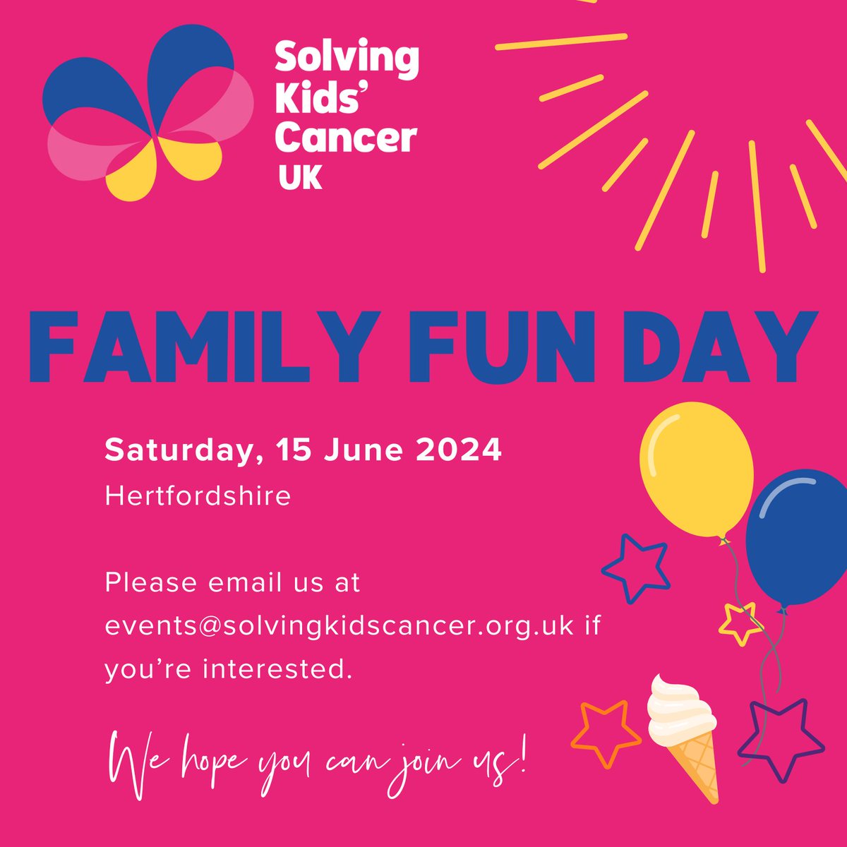 Solving Kids' Cancer UK 🎗 (@skc_uk) on Twitter photo Solving Kids' Cancer UK Family Fun Day 🌠
We have a limited number of places remaining for our Family Fun Day.
If you are a family that has been affected by #neuroblastoma, and would like to join us, please email us at events@solvingkidscancer.org.uk.
#ChildhoodCancer Solving Kids' Cancer UK Family Fun Day 🌠
We have a limited number of places remaining for our Family Fun Day.
If you are a family that has been affected by #neuroblastoma, and would like to join us, please email us at events@solvingkidscancer.org.uk.
#ChildhoodCancer