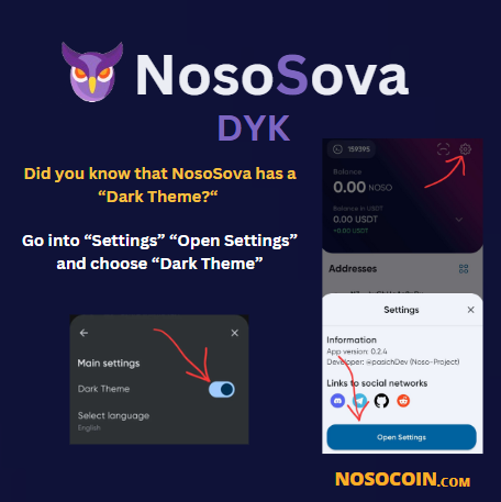 Did you know #NosoSova has a "dark theme"? 🌑 Go into settings, open settings, and choose dark theme for a sleek, nighttime look. #masternodes #Noso #Btc #PIVX #LTC #DASH