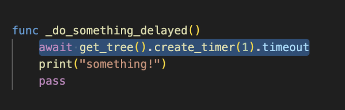 JoeDigital9's tweet image. ‼️ Check out this handy little line in GDScript!
It creates a timer and asynchronously waits for the timer to complete before continuing the function!
Super useful for quickly adding delays without changing your scenes.
#GDScript #Godot #GodotEngine #gamedev