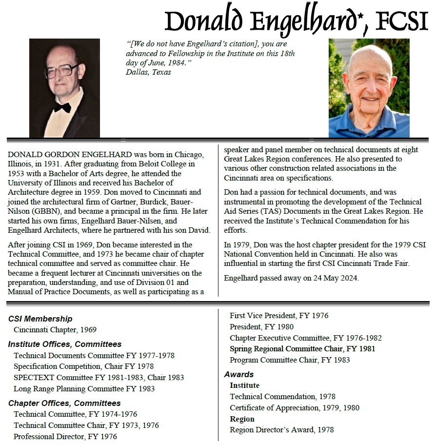 The CSI College of Fellows regrets to report that Donald Engelhard, FCSI, Class of 1984, passed away 24 May 2024.