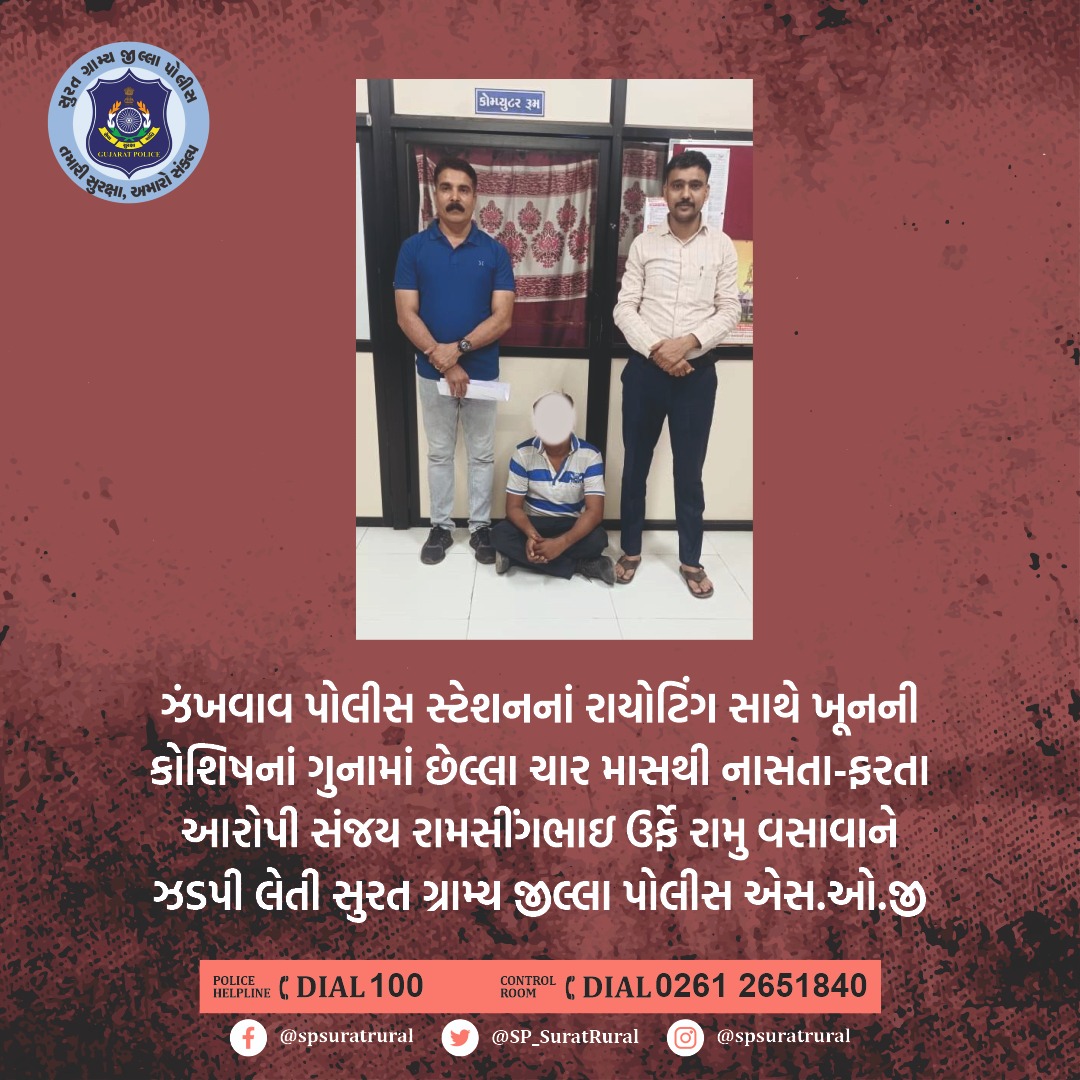 ઝંખવાવ પોલીસ સ્ટેશનનાં રાયોટિંગ સાથે ખૂનની કોશિષનાં ગુનામાં છેલ્લા ચાર માસથી નાસતા-ફરતા આરોપી સંજય રામસીંગભાઈ ઉર્ફે રામુ વસાવાને ઝડપી લેતી સુરત ગ્રામ્ય જીલ્લા પોલીસ એસ.ઓ.જી. #સુરત_ગ્રામ્ય_જીલ્લા_પોલીસ_તમારી_સુરક્ષા_અમારો_સંકલ્પ . #SuratRuralpolice #GujaratPolice #suratcity