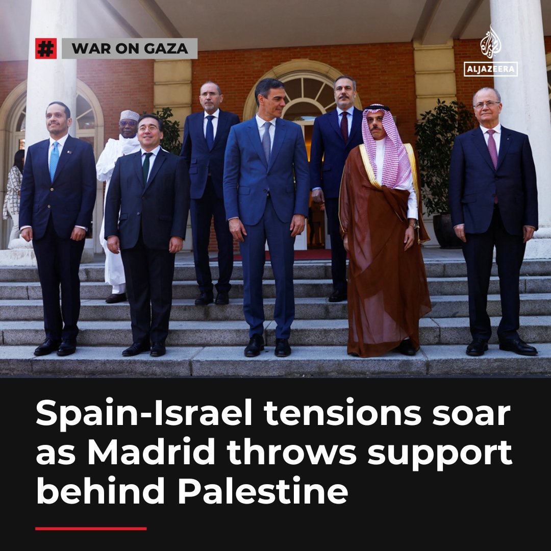 AJEnglish's tweet photo. Spain, whose recognition of Palestinian statehood has angered Israel's foreign minister, has now joined South Africa's genocide case against Israel at the ICJ.

Read more: https://t.co/ow7iKhdMSe https://t.co/S3xMsWeMXH