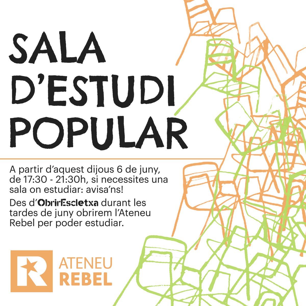 Necessites una sala d'estudi? 🥺📚 A partir d'avui, sota demanda, les joves d'@obrirescletxa anirem obrint per les tardes l'@ateneurebel per poder estudiar :)) Si estàs interessadi, escriu-nos per privat! 📨