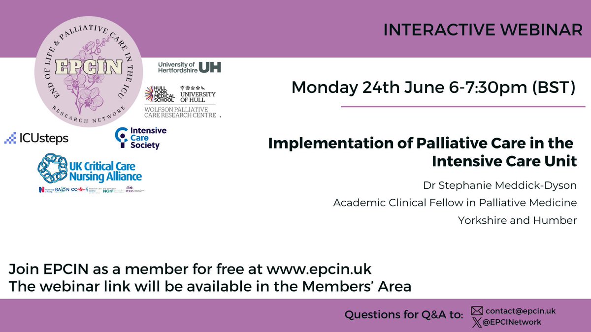 EPCINetwork's tweet photo. Our next LIVE WEBINAR is coming on 
Mon 24th June, 6-7:30pm (BST)

@DrStephMeddickD presents: 'Implementation of Palliative Care in the Intensive Care Unit'.

To join us live on Zoom, register for FREE at https://t.co/mhpj8HnbFI, and 👆🏼 the link on the Members' Area homepage🧵1/2 https://t.co/Ccu5UE37di